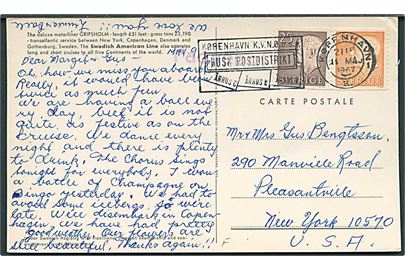 Svensk 25 öre og 45 öre Gustaf på brevkort (M/S Gripsholm) annulleret med dansk TMS København d. 11.5.1967 og sidestemplet violet skibsstempel Paquebot til New York, USA.