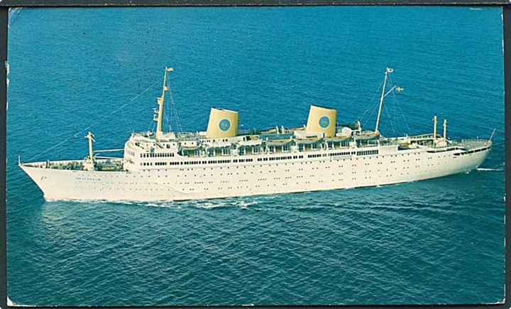 Svensk 25 öre og 45 öre Gustaf på brevkort (M/S Gripsholm) annulleret med dansk TMS København d. 11.5.1967 og sidestemplet violet skibsstempel Paquebot til New York, USA.
