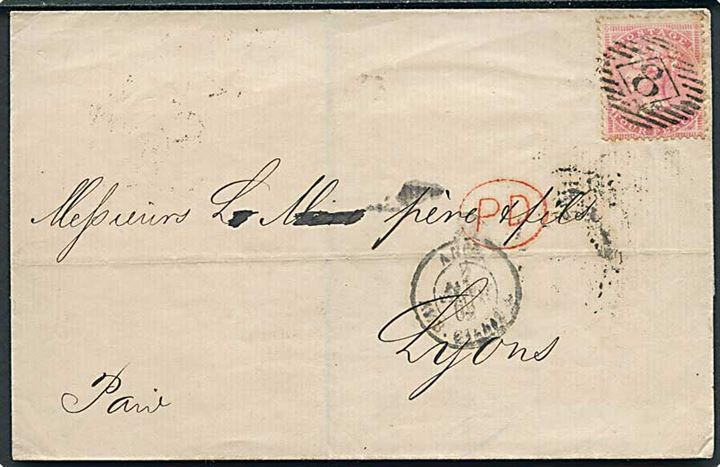 4d Victoria single på brev annulleret med nr.stempel 8 fra London d. 6.1.1862 til Lyon, Frankrig.