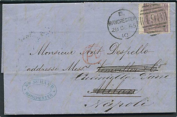 6d Victoria single på brev annulleret med duplex Manchester/498 d. 28.12.1865 til Milano, Italien - eftersendt til Napoli.