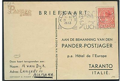 7½ c. Wilhelmina på illustreret sær-postkort fra Alkmaar d. 21.12.1933 til den strandede besætning på postflyveren Postjager Pander, som måtte afbryde flyvning i Taranto, Italien pga. motorskade. Signature fra hele besætningen.