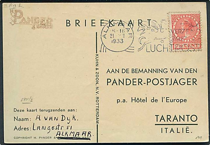 7½ c. Wilhelmina på illustreret sær-postkort fra Alkmaar d. 21.12.1933 til den strandede besætning på postflyveren Postjager Pander, som måtte afbryde flyvning i Taranto, Italien pga. motorskade. Signature fra hele besætningen.
