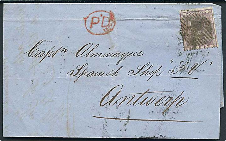 6d Victoria single på brev fra London d. 25.11.1859 via bureau Angleterre par Ambt Ouest til kaptajn på spansk skib FV i Antwerpen, Belgien.