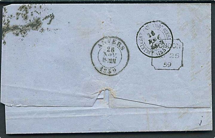 6d Victoria single på brev fra London d. 25.11.1859 via bureau Angleterre par Ambt Ouest til kaptajn på spansk skib FV i Antwerpen, Belgien.