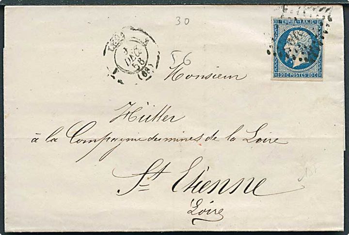 20 c. Napoleon på brev fra Lyon d. 9.12.1858 til St. Etienne.