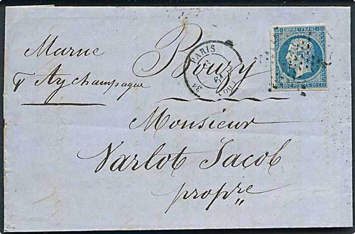 20 c. Napoleon III utakket på brev fra Paris d. 6.7.1861 til Marne.