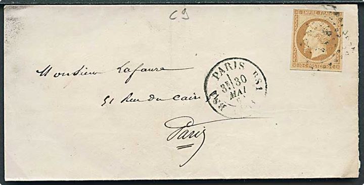 10 c. Napoleon III utakket på lokalbrev i Paris d. 30.5.186x.