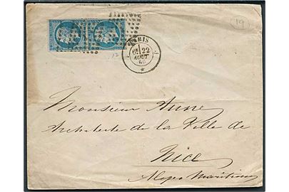 20 c. Napoleon III utakket i parstykke på brev fra Paris d. 22.8.1860 til Nice.
