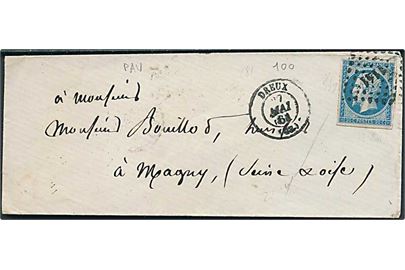20 c. Napoleon III utakket på brev annulleret med nr.stempel 1141 fra Dreux d. 27.5.1861 til Magny.