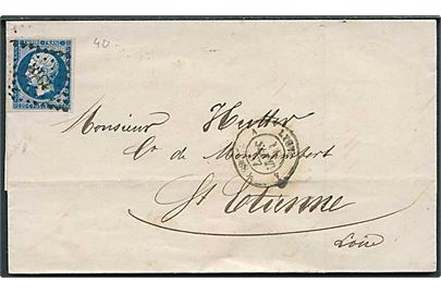 20 c. Napoleon III utakket på brev annulleret med nr.stempel 1918 fra Lyon d. 16.9.1857 til St. Etienne.
