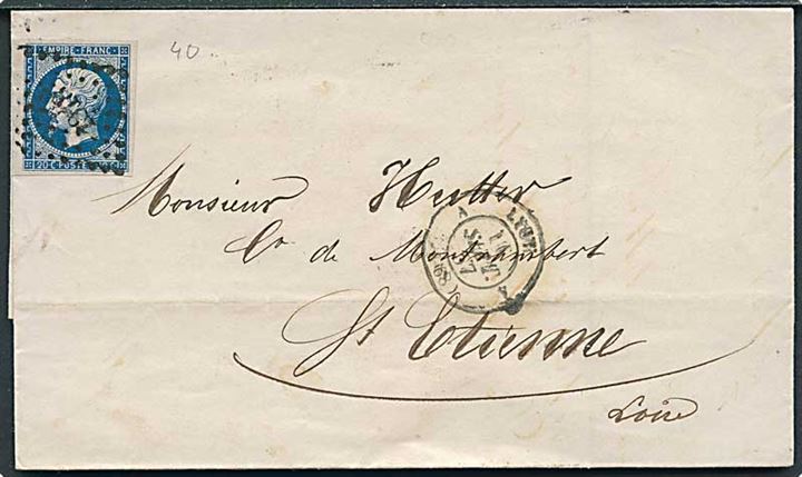 20 c. Napoleon III utakket på brev annulleret med nr.stempel 1918 fra Lyon d. 16.9.1857 til St. Etienne.