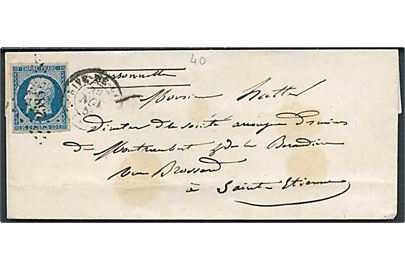 20 c. Napoleon III utakket på brev annulleret med nr.stempel 2686 og svagt sidestempel d. x.11.1855 til Saint Etienne.