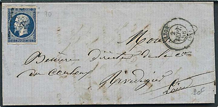20 c. Napoleon III utakket på brev fra Lyon d. 2.9.1856.