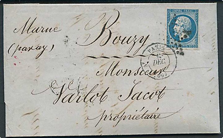 20 c. Napoleon III utakket på brev fra Paris d. 1.12.1860 til Marne.