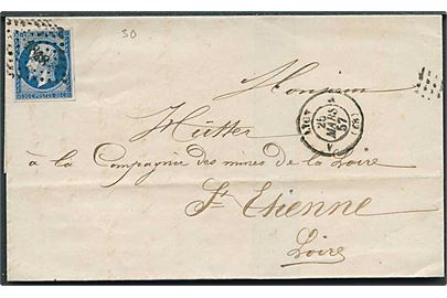 20 c. Napoleon III utakket på brev fra Lyon d. 25.3.1857 til Str. Etienne.