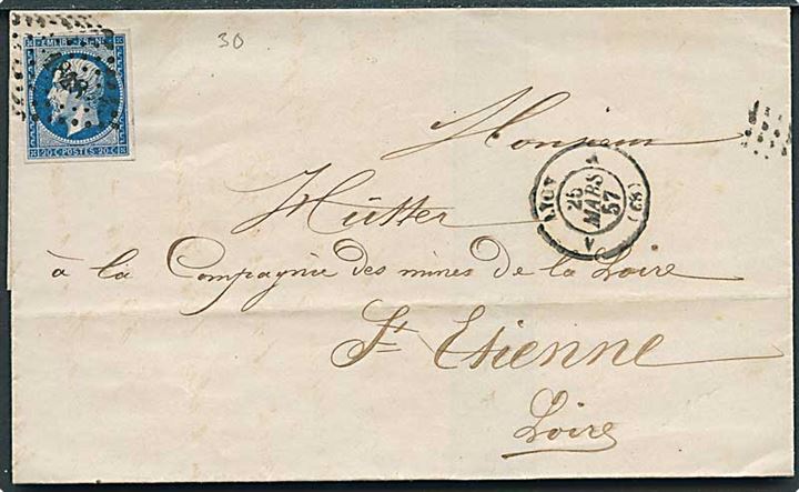 20 c. Napoleon III utakket på brev fra Lyon d. 25.3.1857 til Str. Etienne.