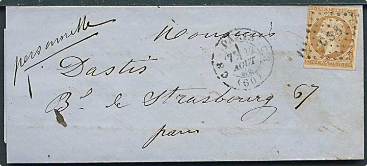 10 c. Napoleon III utakket på lokalbrev i Paris d. 22.8.1862.