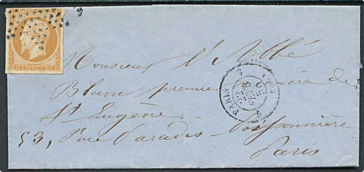 10 c. Napoleon III utakket på lokalbrev i Paris d. 22.2.1856.