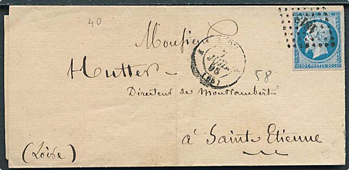 10 c. Napoleon III utakket på brev annulleret med nr.stempel 1818 og sidestemplet Lyon d. 7.7.1858 til St. Etienne.