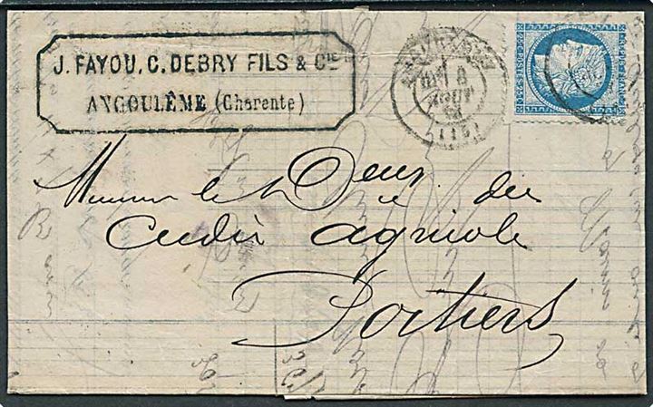 25 c. Ceres på brev fra Angouleme d. 8.8.1876 til Poitiers.