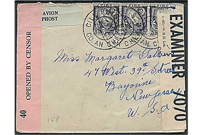 5 pg. Våben (3) på luftpostbrev fra Cill Ruis 1942 (svag dato) til Bayonne, USA. Åbnet af både irsk og britisk censur.