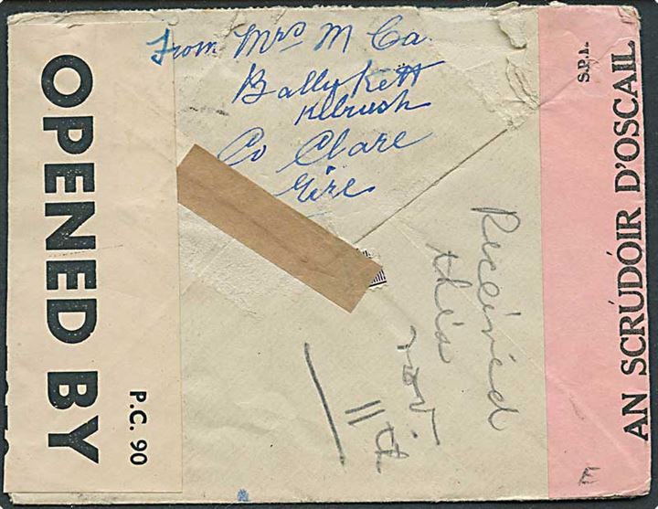 5 pg. Våben (3) på luftpostbrev fra Cill Ruis 1942 (svag dato) til Bayonne, USA. Åbnet af både irsk og britisk censur.