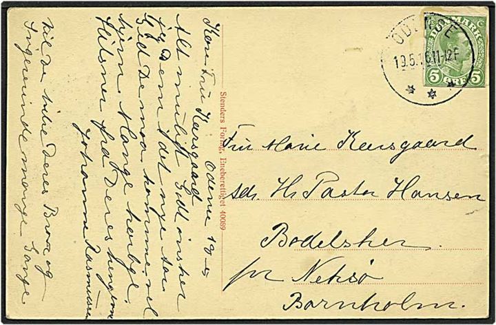 5 øre grøn Chr. X helsagsafklip på postkort fra Odense d. 19.5.1916 til Bodilsker.