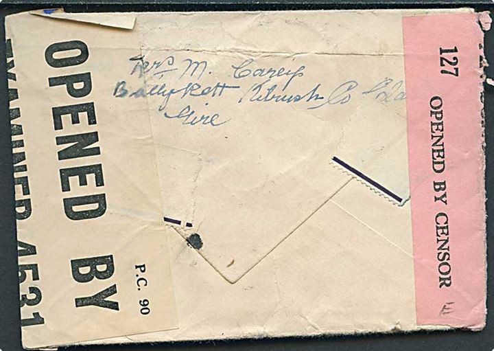 5 pg. Våben (3) på luftpostbrev fra Cill Ruis 15.1.1943 til Bayonne, USA. Åbnet af både irsk og britisk censur.