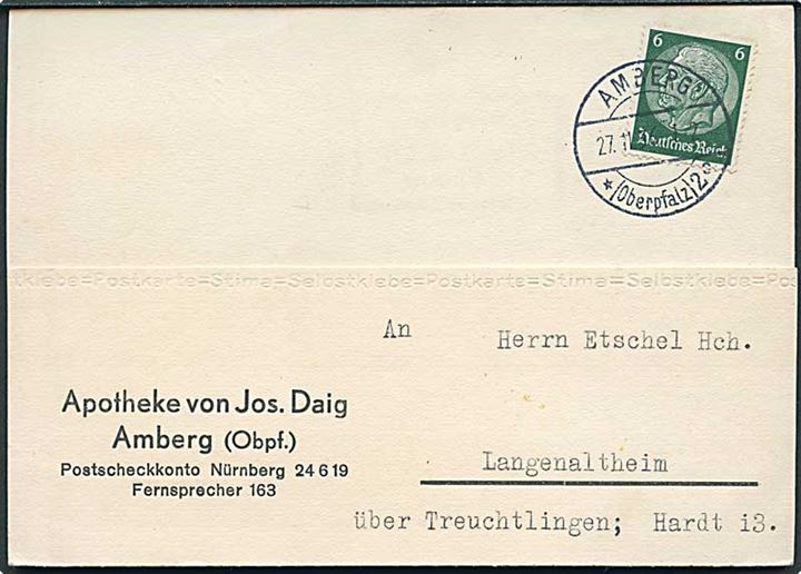 6 pfg. Hindenburg på foldet firmakort fra Amberg d. 27.11.1936 til Langenaltheim.