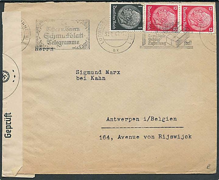 1 pfg. og 12 pfg. (2) Hindenburg på fortrykt kuvert fra Israelitische Kultusgemeinde i Ludwigshafen d. 31.1.1940 til Antwerpen, Belgien. Åbnet af tysk censur.