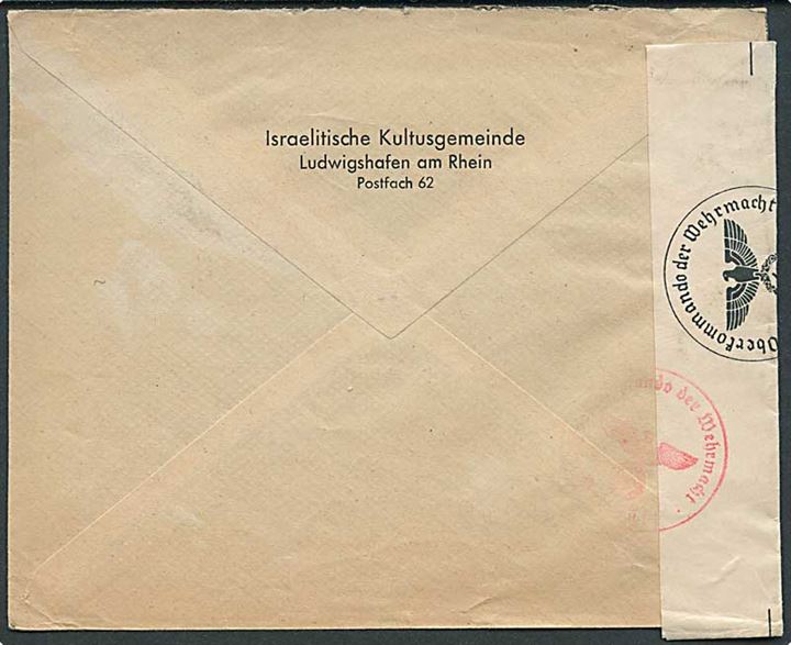 1 pfg. og 12 pfg. (2) Hindenburg på fortrykt kuvert fra Israelitische Kultusgemeinde i Ludwigshafen d. 31.1.1940 til Antwerpen, Belgien. Åbnet af tysk censur.