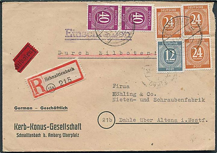 12 pfg., 24 pfg. (3) og 40 pfg. (2) Ciffer på 164 pfg. frankeret anbefalet ekspresbrev fra Schnaittenbach d. 3.4.1947 til Dahle über Altena.
