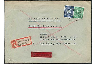 80 pfg. og 84 pfg. Ciffer på anbefalet ekspresbrev fra Schnaittenbach d. 18.3.1947 til Hahle über Altena.