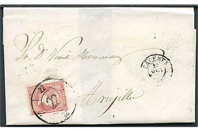 4 cts. Isabella på brev annulleret med nr.stempel 22 og sidestemplet Ca..res d. 23.10.1858.