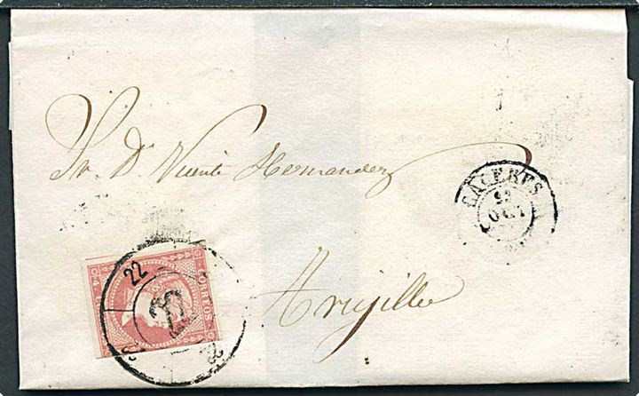 4 cts. Isabella på brev annulleret med nr.stempel 22 og sidestemplet Ca..res d. 23.10.1858.