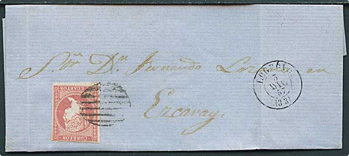 4 cts. Isabella på brev annulleret med stumt stempel og sidestemplet Logrono d. 3.12.1857 til Ezcaray.