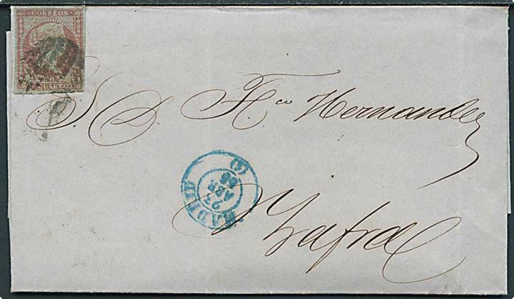 4 cts. Isabella på brev annulleret med stumt stempel fra Madrid d. 23.4.1855 til Zafra.