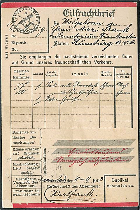 Østrigsk ilfragtbrev med kærlige hilsner. E.B.&C.I.B. no. 9378.