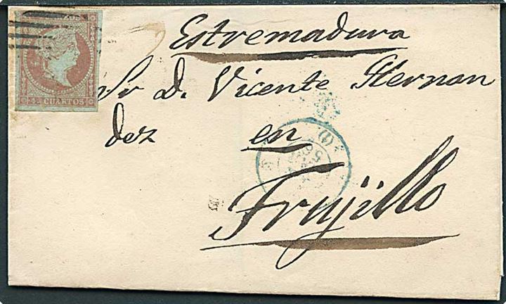 4 cts. Isabella utakket på brev annulleret med stumt stempel og svagt sidestempel d. x.3.1856 til Frujillo.