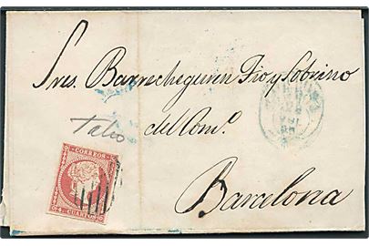 4 cts. Isabella på brev annulleret med stumt stempel og svagt sidestempel d. 28.7.1858 til Barcelona.