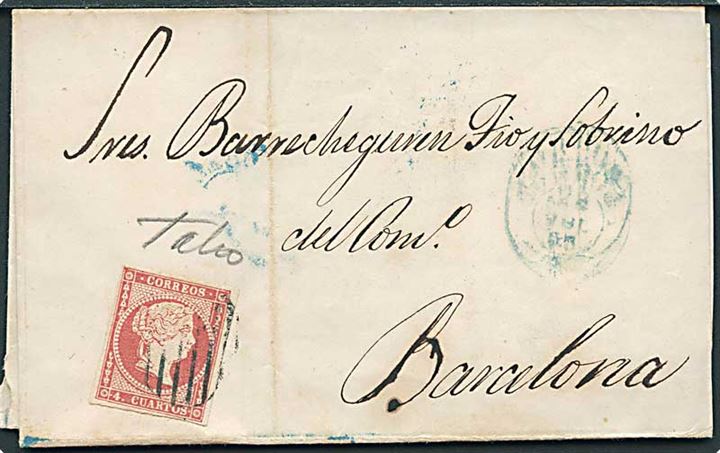 4 cts. Isabella på brev annulleret med stumt stempel og svagt sidestempel d. 28.7.1858 til Barcelona.