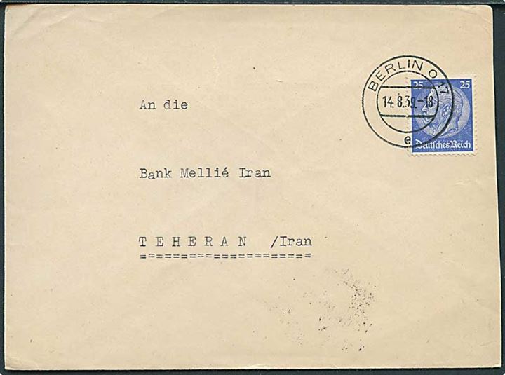 25 pfg. Hindenburg single på brev fra Berlin d. 14.8.1939 til Teheran, Iran. 