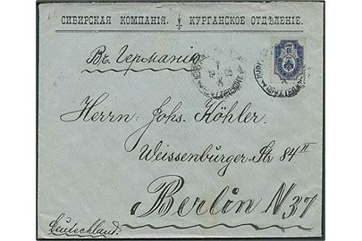 10 kop. Våben single på fortrykt kuvert fra Sibirsk Kompagni, Kurgansk Afd. d. 7.10.1905 til Berlin, Tyskland.