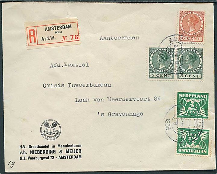 2½ c. (par) Ciffer, 5 c. (2) og 6 c. Wilhelmina på anbefalet brev fra Amsterdam d. 26.8.1935 til s/Gravenhage.
