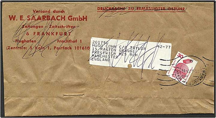 7 pence på korsbånd fra Manchester, England, d. 30.5.1977 til Otterup. Korsbåndet tidligere sendt fra Frankfurt, Tyskland, til Manchester.