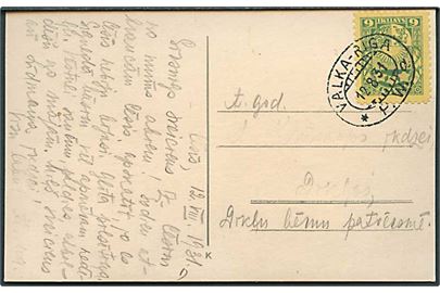 6 s. Våben på brevkort annulleret med bureaustempel Valka - Riga d. 12.8.1931. Det af modtageradresse fjernet.