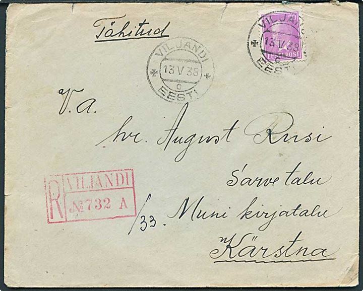 20 s. Päts single på anbefalet brev fra Viljandi d. 13.5.1938 til Kärstna.