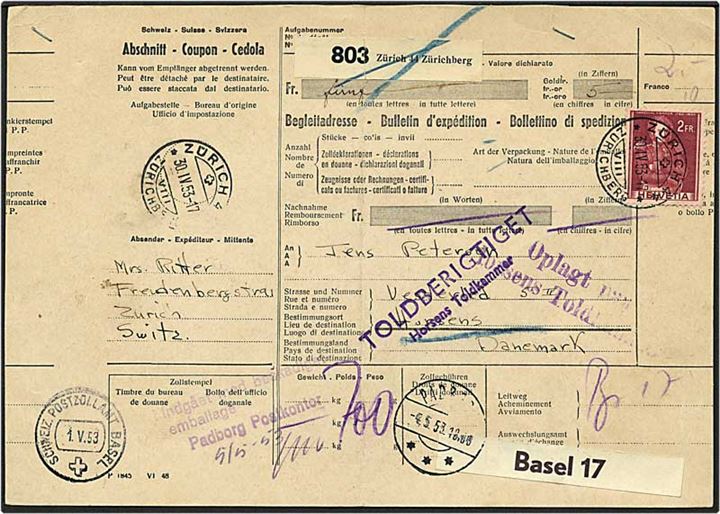 2 frank på pakkefølgeseddel fra Zürich, Schweiz, d. 30.4.1953 til Horsens. Diverse stempler angående forsendelsen.