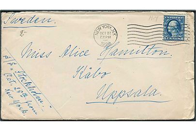 5 cents Washington på brev fra New York d. 27.10.1920 til Uppsala, Sverige. Påskrevet: S/S Stockholm Oct. 28th from New York.