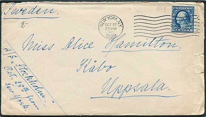 5 cents Washington på brev fra New York d. 27.10.1920 til Uppsala, Sverige. Påskrevet: S/S Stockholm Oct. 28th from New York.